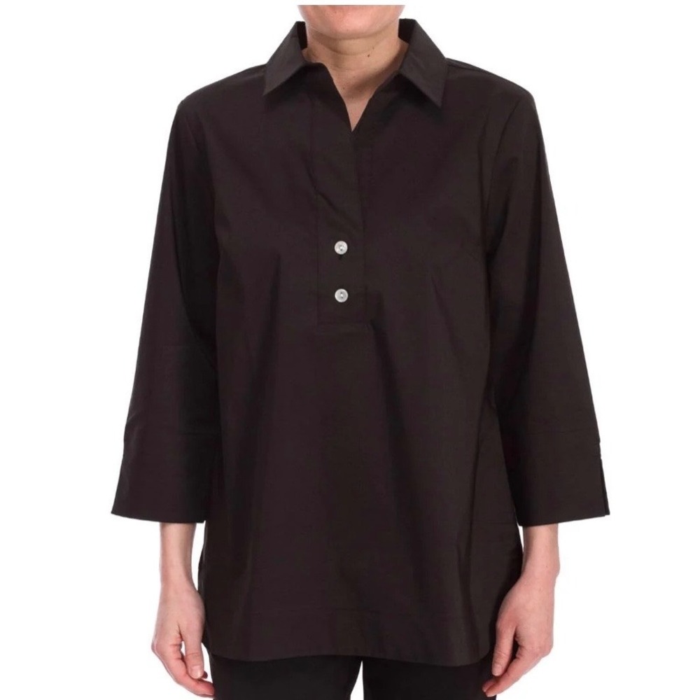 Hinson Wu Aileen Black Button Back Tunic Shirt Womens 8 Stretch Cotton Blouse